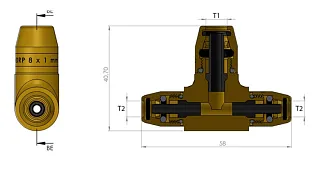 Тройник Т-образный, переходной под трубки D12x1,5мм-D8x1,0мм-D12x1,5мм, латун 6997631208
