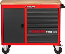 Тележка инструментальная (верстак) серии WORKBENCH без инструментов, деревянная столешница, 7 выдвижных ящиков, отделение с распашной дверцей, красно-черный, IZELTAS, 8247321007, 13000002480 8247321007