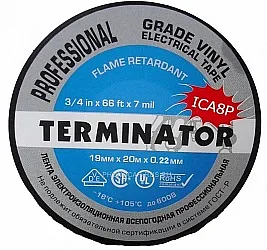 Изолента ПВХ ICA8P 19х0,22 мм, длина рулона 20 м, черная, Terminator 5997744329
