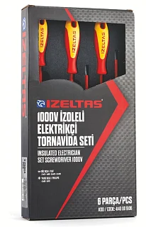 Набор изолированных отверток в ложементе, прямой (SL) и крестообразный (PH) шлиц, двухкомпонентная рукоятка, 6 предметов, 1000В, IZELTAS, 4140009106, 13000001333 4140009106