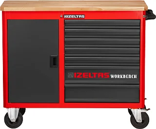 Тележка инструментальная (верстак) серии WORKBENCH без инструментов, деревянная столешница, 7 выдвижных ящиков, отделение с распашной дверцей, красно-черный, IZELTAS, 8247321007, 13000002480 8247321007