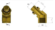 Отвод под углом  45 град, со сгоном НР М16x1,5мм - ВН М16x1,5мм, латунь 6997651645