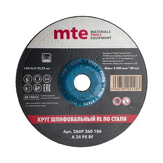 Круг шлифовальный RL по стали D180X6,0X22,2 мм, mte 2669260186