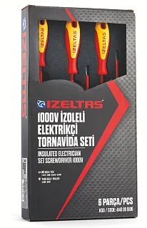Набор изолированных отверток в ложементе, прямой (SL) и крестообразный (PH) шлиц, двухкомпонентная рукоятка, 6 предметов, 1000В, IZELTAS, 4140009106, 13000001333 4140009106