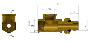 Тройник L-образный со сгоном НР М16x1,5мм-ВН М16x1,5мм-ВН М16x1,5мм, латунь 6997651316
