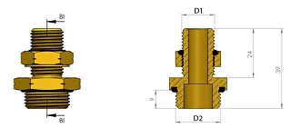 Муфта переборочная тип1  НР М22x1,5мм с ВН М16x1,5мм - НР М22x1,5мм с гайкой, латунь 6997654589